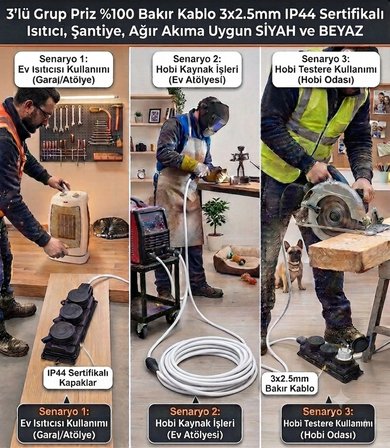  15 METRE 3'lü Grup Priz%100 Bakır Kablo 3x2.5mm IP44 Sertifikalı Isıtıcı, Şantiye, Ağır Akıma Uygun