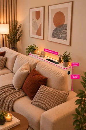 1. Sınıf Beyaz MDF AuraTech LED’li Koltuk Arkası Dresuar Prizli Şarjlı Raf Konsol 100x80x12