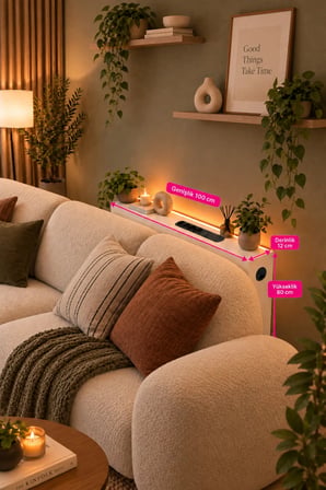 1. Sınıf Beyaz MDF AuraTech LED’li Koltuk Arkası Dresuar Prizli Şarjlı Raf Konsol 100x80x12