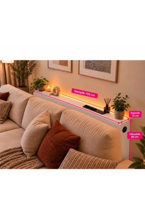 1. Sınıf Beyaz MDF AuraTech LED’li Koltuk Arkası Dresuar Prizli Şarjlı Raf Konsol 150x80x12