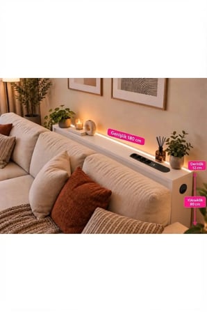1. Sınıf Beyaz MDF AuraTech LED’li Koltuk Arkası Dresuar Prizli Şarjlı Raf Konsol 180x80x12