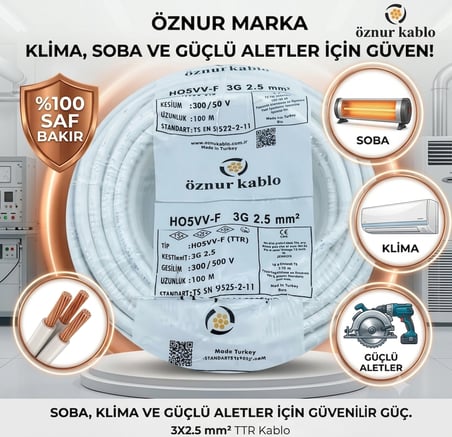  20 METRE BEYAZ ÖZNUR Marka 3X2.5 mm%100 Bakır TTR Elektrik Kablosu