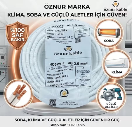  50 METRE BEYAZ ÖZNUR Marka 3X2.5 mm%100 Bakır TTR Elektrik Kablosu