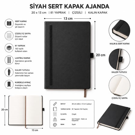 Sert Kapaklı Not Defteri 20x13 cm  Çizgili Defter Lastikli Kalem Tutuculu