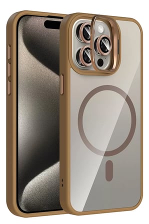 iPhone 14 Pro Max Remim Lensli Magsafe Standlı Kapak - Kahverengi