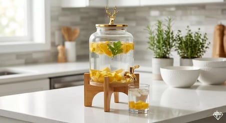 Geyik Figürlü Gold Lüks Cam İçecek Sebili - 3.6 Litre Bambu Standlı Meyve Suyu Kovası