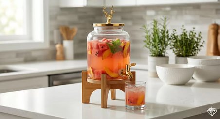 Geyik Figürlü Gold Lüks Cam İçecek Sebili - 3.6 Litre Bambu Standlı Meyve Suyu Kovası