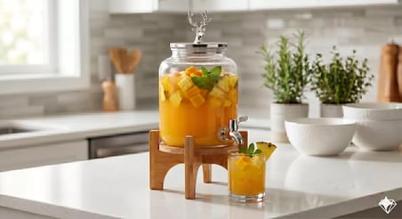 Geyik Figürlü Gümüş Lüks Cam İçecek Sebili - 3.6 Litre Bambu Standlı Meyve Suyu Kovası
