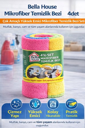 Bella House Mikrofiber Temizlik Bezi 4 Adet (4’LÜ 1 RULO)Çok Amaçlı Yüksek Emici Mikrofiber Temizlik