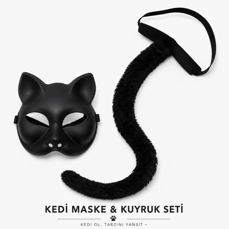Siyah Kedi Maskesi ve Peluş Kuyruk Kostüm Seti 70 cm