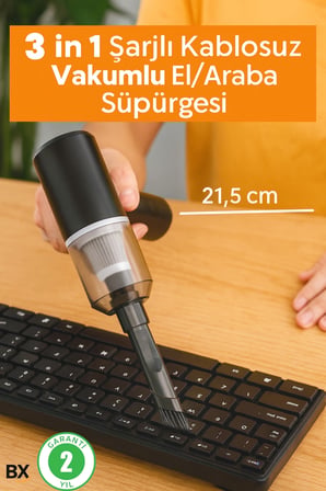 BUĞZ 3 in 1 Şarjlı Kablosuz Vakumlu El Süpürgesi Araç, Ev ve Ofis İçin Güçlü Taşınabilir Mini Elektrikli Süpürge