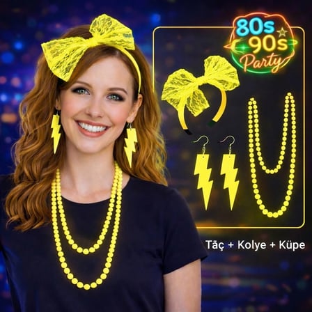 BUĞZ 80’ler 90’lar Neon Sarı Parti Seti – Kolye Küpe Taç