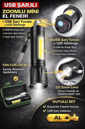 BUĞZ USB Şarjlı Zoomlu Mini El Feneri Q5 Güçlü Işık Yan COB LED SOS Mod Kutulu Taşınabilir