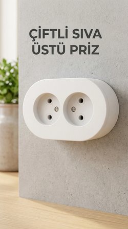 BUĞZ İkili Beyaz Topraklı Priz Modern Sıva Üstü Tasarım Duvar Elektrik Prizi
