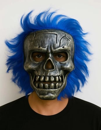 BUĞZ Wild Skull - Gümüş Kafatası Mavi Saçlı İskelet Maske