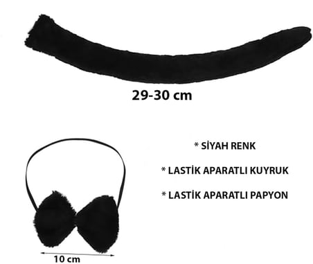 BUĞZ Peluş Siyah Renk Kuyruk ve Papyon Yetişkin Çocuk Uyumlu