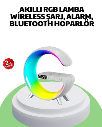 BUĞZ Bluetooth Hoparlörlü RGB Atmosfer Lambası Kablosuz Şarj ve Saat Özellikli