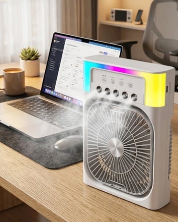 BUĞZ USB Şarjlı Masaüstü Soğutucu Fan Su Püskürtmeli Renkli Işıklı