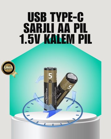 BUĞZ 1.5V AA Şarjlı Lityum Pil | 1000+ Kez Şarj Edilebilir | Hızlı Type-C Şarj (2 Adet)