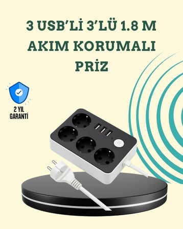 BUĞZ 7 Cihazı Aynı Anda Destekleyen 3 USB Portlu 4’lü Priz