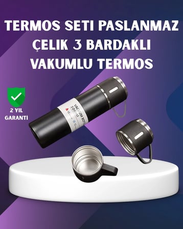 BUĞZ Paslanmaz Termos ve İkili Bardak Seti | 6-12 Saat Sıcak/Soğuk Tutma