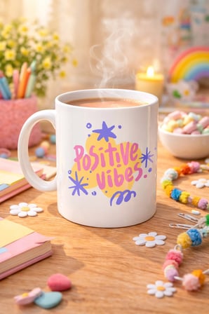 BUĞZ Positive Vibes Porselen Kupa MODEL 138 – Renkli Tasarım Motivasyon Kupası – Pozitif Enerji Veren Kahve & Çay Kupası