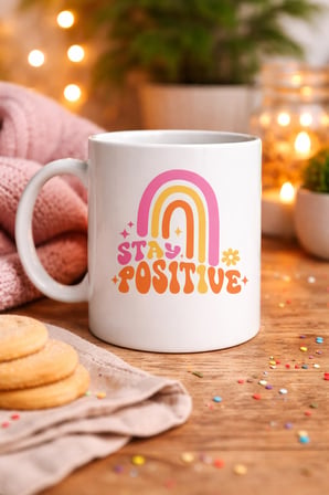 BUĞZ Stay Positive Tasarımlı Porselen Kupa MODEL 144 – Renkli Gökkuşağı Desenli, Motivasyon Veren Kahve & Çay Kupası – Hediyelik Kupa