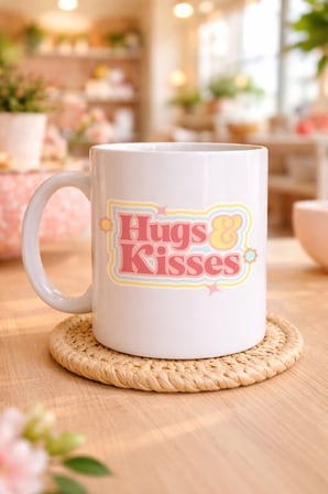 BUĞZ Model 30 – Hugs & Kisses Tasarımlı Porselen Kupa - Sevdiklerine Sıcacık Bir Mesaj