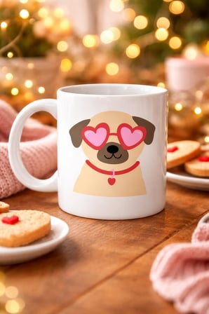 BUĞZ Sevimli Kalpli Gözlüklü Köpek Desenli Porselen Kupa Model 46 – Aşk Dolu Tasarım Hediyelik Kahve Kupası