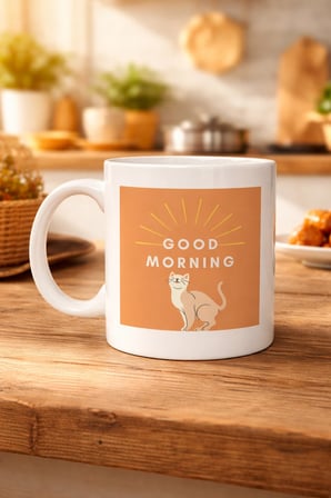 BUĞZ Good Morning Kedi Desenli Porselen Kupa MODEL 72 – Sevimli Kedi Figürlü, Kahve & Çay Kupası, Hediyelik Porselen Bardak