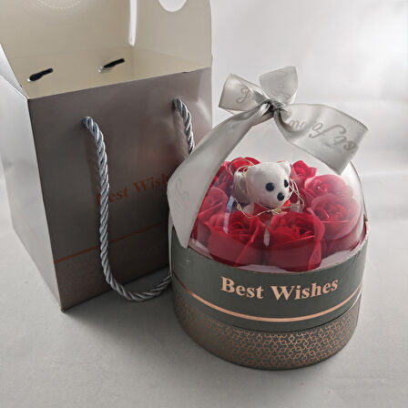 LED li Gümüş Fanus Ayıcık & Solmayan Gül Hediye Kutusu