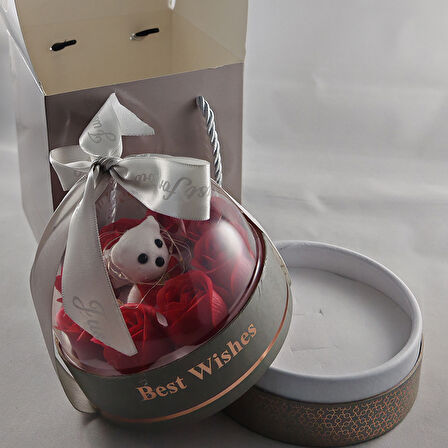 LED li Gümüş Fanus Ayıcık & Solmayan Gül Hediye Kutusu