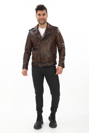 Erkek Hakiki Deri Biker Ceket - Motorcu Montu