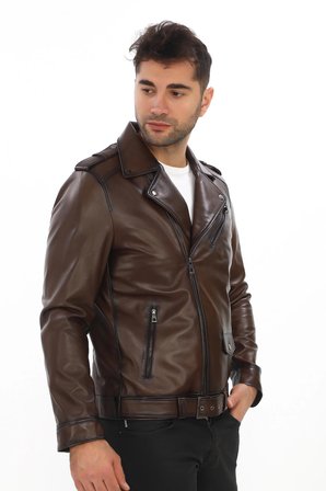 Erkek Hakiki Deri Biker Ceket - Motorcu Montu