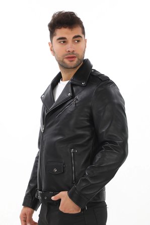 Erkek Gerçek Deri Biker Ceket - Motorcu Montu