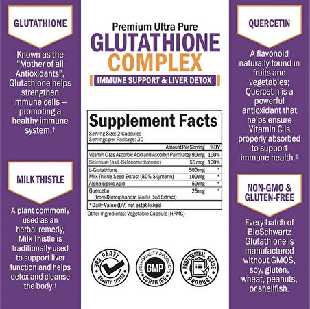 BioSchwartz Glutathione Liver Detox with Quercetin Vitamin C Milk Thistle Alpha Lipoic Acid - Immune Support 60 Caps