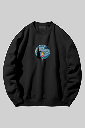 Yıldızlı Gece Alice Baskılı Unisex Siyah Bisiklet Yaka Sweatshirt | L