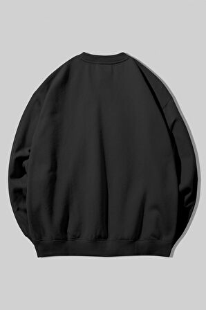 Baskısız Unisex Siyah Bisiklet Yaka Sweatshirt | S