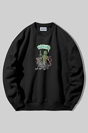 Pickle Rick Baskılı Unisex Siyah Bisiklet Yaka Sweatshirt | M