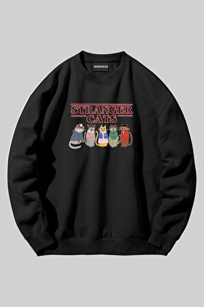 Stranger Things Stranger Cats Baskılı Unisex Siyah Bisiklet Yaka Sweatshirt | L