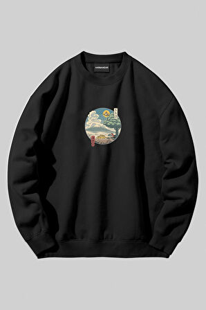 Totoro Anime Baskılı Unisex Siyah Bisiklet Yaka Sweatshirt | XL