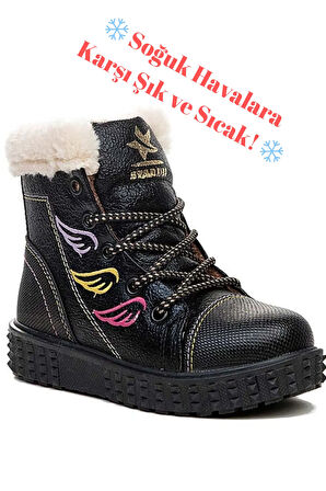Siyah Melekli Kız Çocuk Kürklü Su Soğuk Geçirmez Bot