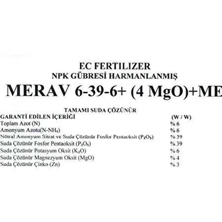 Merav 6-39-6 +4(Mgo)+ 3 Zn + Me 1 kg Toz Bitki Coşturan Yaprak Gübresi