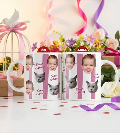 BK Gift Anneye Özel Yüz Baskılı Beyaz Kupa Bardak - Anneler Günü ve Kadınlar Günü Hediyesi