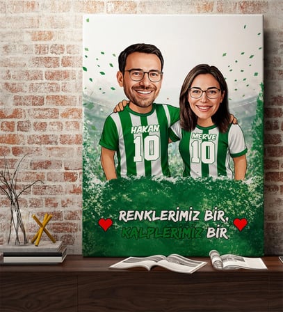 BK Gift Kişiye Özel İsimli Yeşil-Beyaz Sevgili Karikatürlü Kanvas Tablo-1, Ev Hediyesi, Doğum Günü Hediyesi, Taraftar Hediyesi