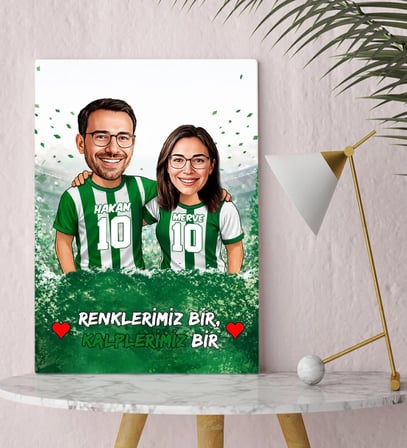 BK Gift Kişiye Özel İsimli Yeşil-Beyaz Sevgili Karikatürlü Kanvas Tablo-1, Ev Hediyesi, Doğum Günü Hediyesi, Taraftar Hediyesi