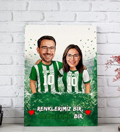 BK Gift Kişiye Özel İsimli Yeşil-Beyaz Sevgili Karikatürlü Kanvas Tablo-1, Ev Hediyesi, Doğum Günü Hediyesi, Taraftar Hediyesi