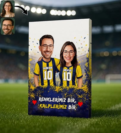BK Gift Kişiye Özel İsimli Sarı-Lacivert Sevgili Karikatürlü Kanvas Tablo - Ev Hediyesi, Doğum Günü Hediyesi, Taraftar Hediyesi