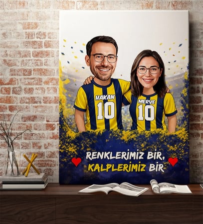 BK Gift Kişiye Özel İsimli Sarı-Lacivert Sevgili Karikatürlü Kanvas Tablo - Ev Hediyesi, Doğum Günü Hediyesi, Taraftar Hediyesi