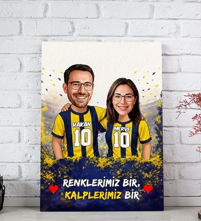 BK Gift Kişiye Özel İsimli Sarı-Lacivert Sevgili Karikatürlü Kanvas Tablo - Ev Hediyesi, Doğum Günü Hediyesi, Taraftar Hediyesi